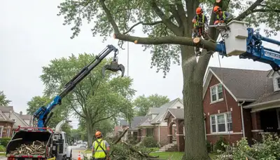 Professional arborists performing safe tree removal with crane and chainsaws in Milwaukee, WI
