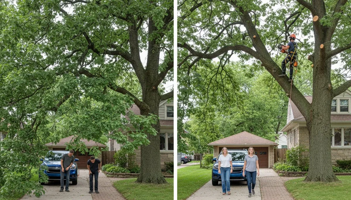 Arborist lifting tree canopy over driveway for better access and curb appeal in Milwaukee, WI
