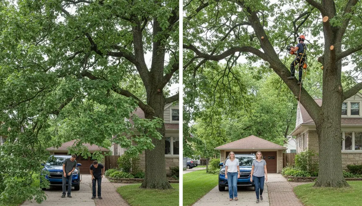Arborist lifting tree canopy over driveway for better access and curb appeal in Milwaukee, WI