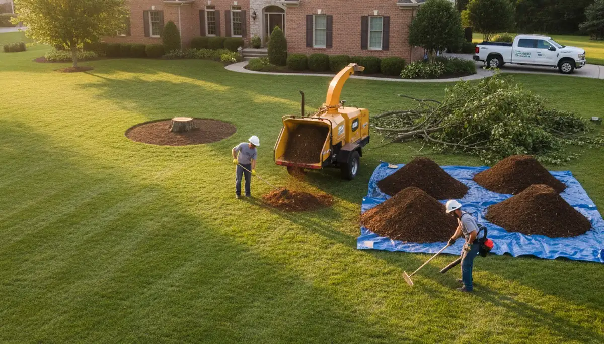 Completed tree removal and yard restoration in Milwaukee WI with crew cleanup and wood chipper mulch work