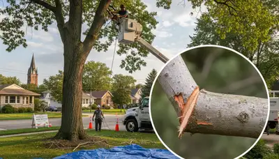 Arborist removing dead branches for tree hazard prevention in Milwaukee, WI