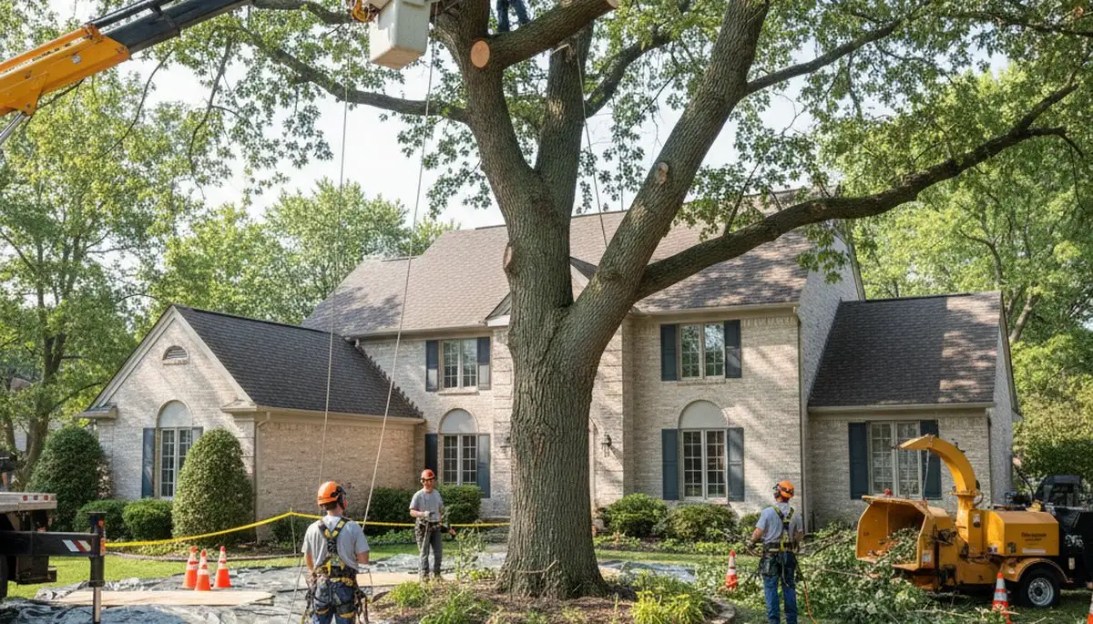 Arborists performing large tree removal in Elm Grove, Milwaukee WI using bucket truck and rigging equipment