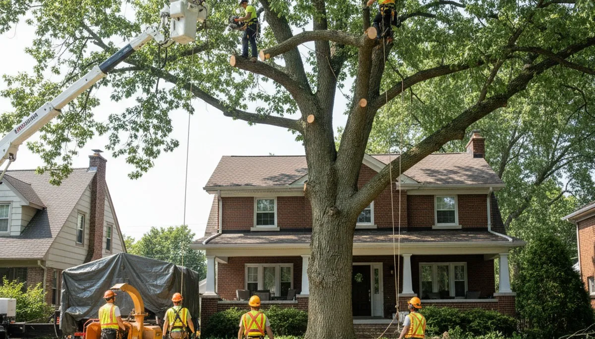 Arborists using bucket truck for large tree removal at Greendale home near Milwaukee, WI