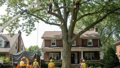 Arborists using bucket truck for large tree removal at Greendale home near Milwaukee, WI