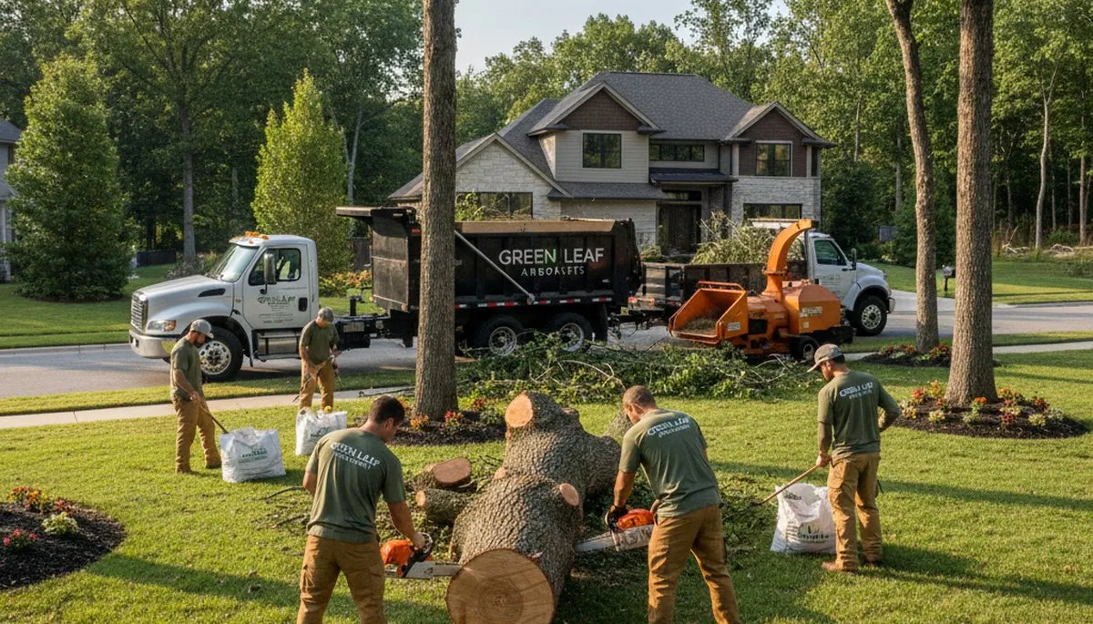 Professional lawn care and tree service team working in Milwaukee, WI yard