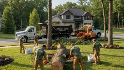 Professional lawn care and tree service team working in Milwaukee, WI yard