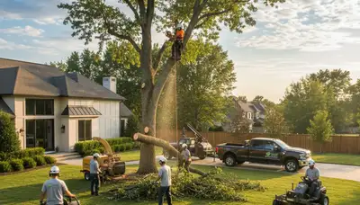 Professional lawn and tree service team working in Milwaukee, WI yard