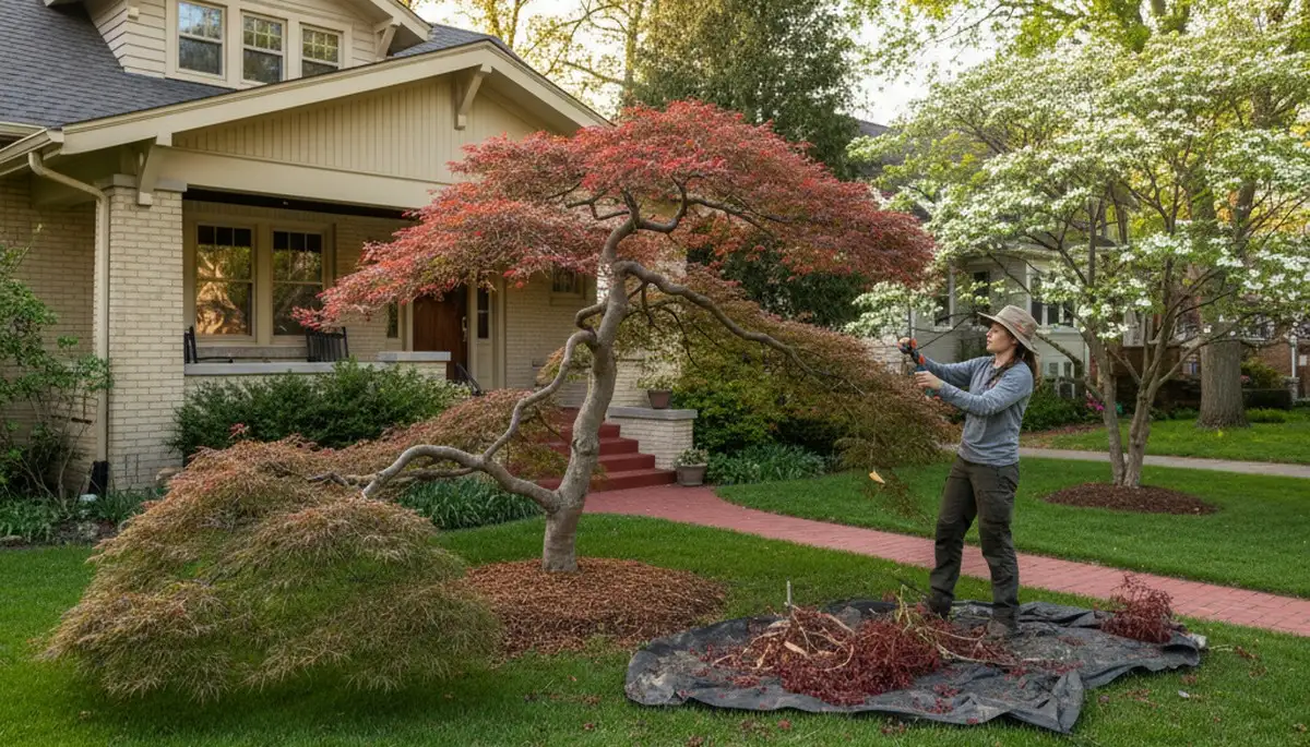 Arborist hand pruning ornamental Japanese maple for Milwaukee, WI home landscape enhancement