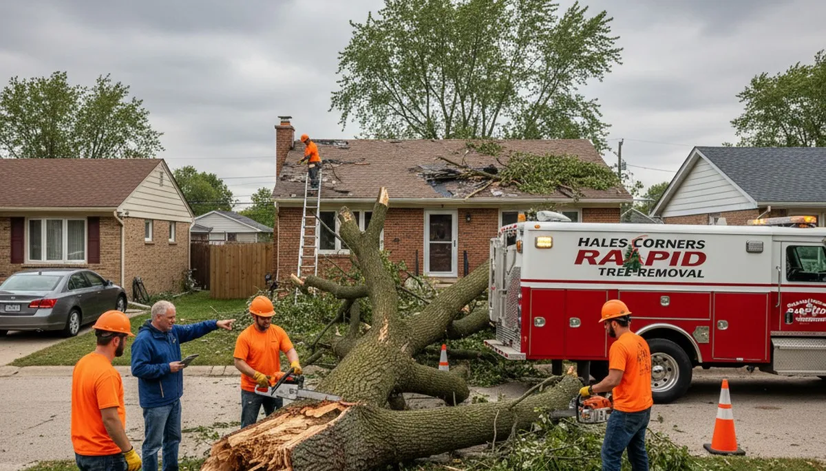 Emergency tree removal after storm damage in Hales Corners, Milwaukee WI restoring property safety