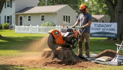 Professional stump grinding service removing tree stumps in Cudahy, Milwaukee WI yard