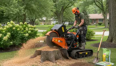 Professional stump grinding service removing tree stumps in Elm Grove near Milwaukee, WI yard