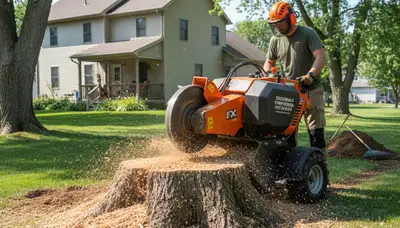 Professional stump grinding removing tree stumps in Greendale, Milwaukee WI for lawn restoration