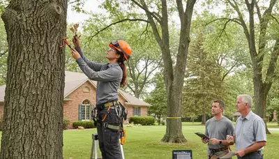 Certified arborist performing tree health assessment in Elm Grove, Milwaukee, WI for safe tree care