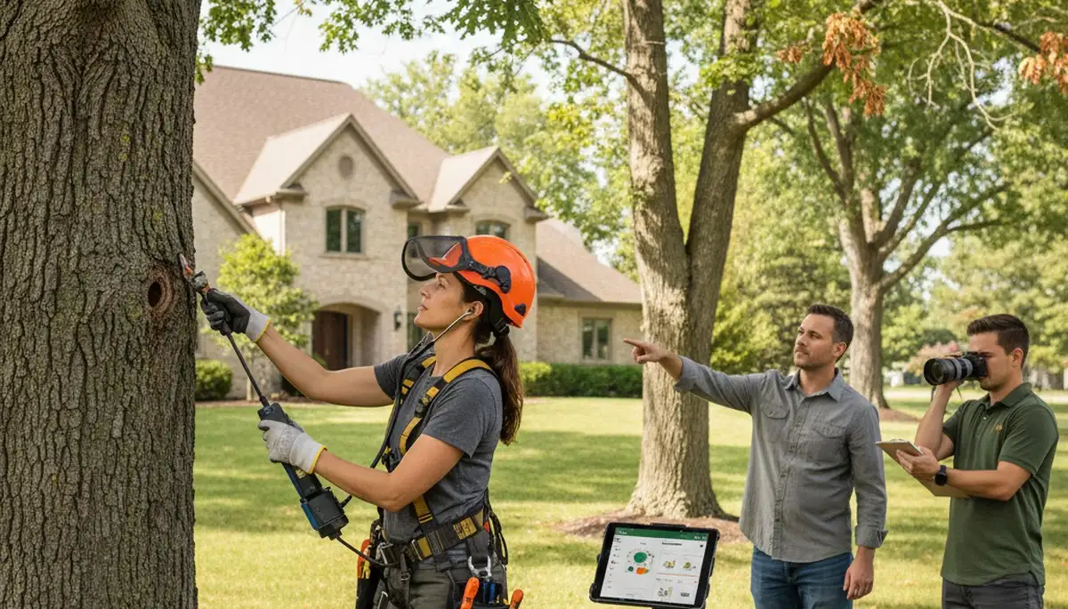 Certified arborist performing tree health assessment in Greendale, Milwaukee, WI