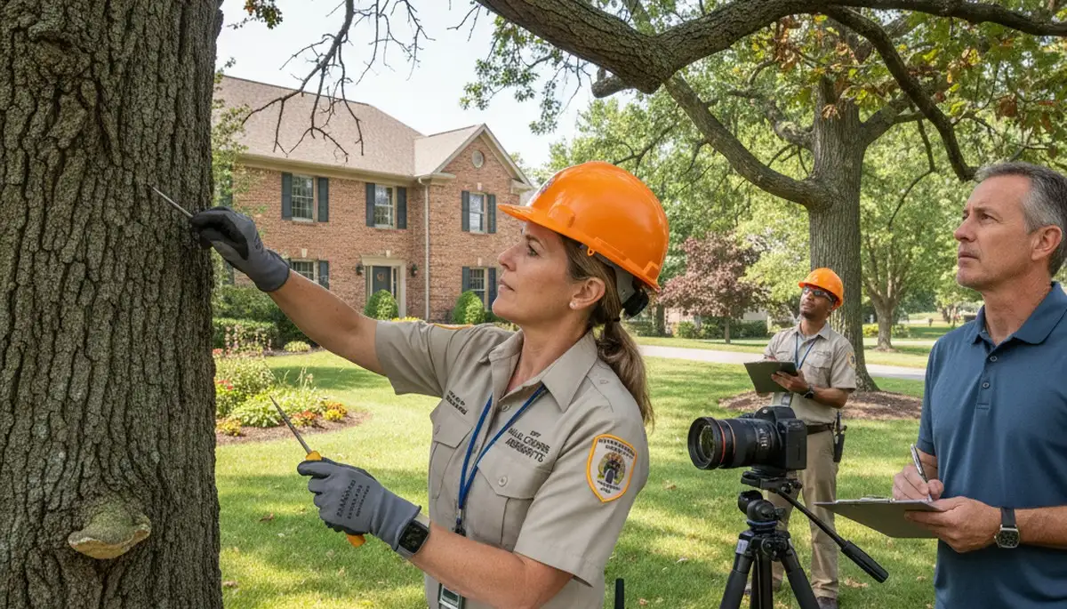 Certified arborist performing tree health assessment in Hales Corners, Milwaukee WI
