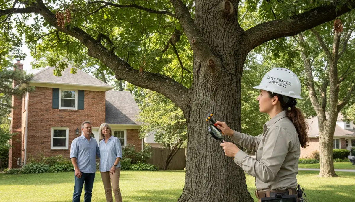 Certified arborist performing tree health assessment for homeowners in Saint Francis, Milwaukee, WI