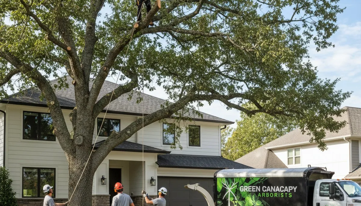 Professional tree removal service in Milwaukee, WI safely cutting down damaged oak tree