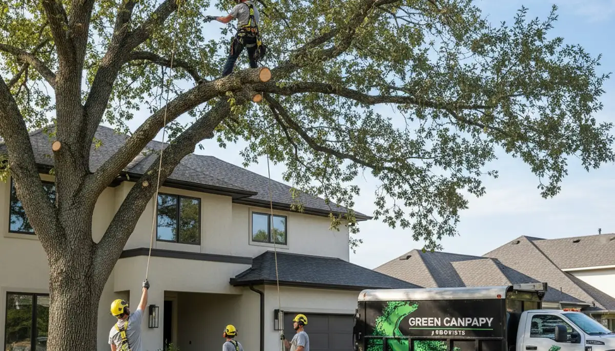 Professional tree removal service in Milwaukee, WI safely cutting and clearing large oak tree