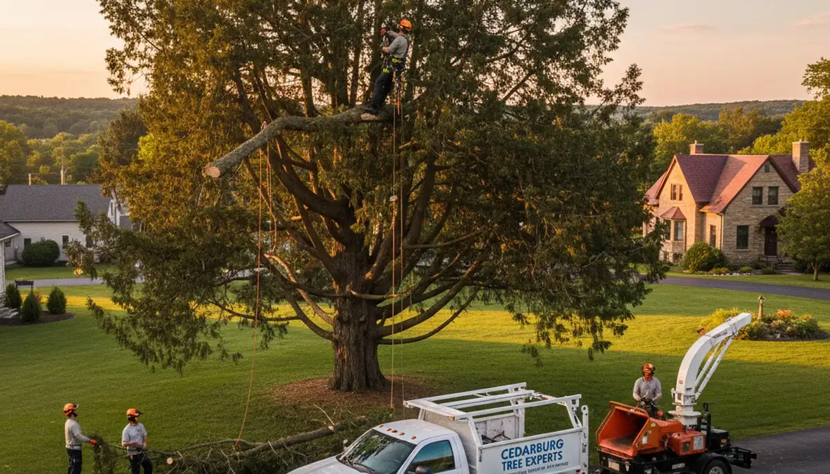Professional tree removal service in Milwaukee WI safely cutting large oak tree branches