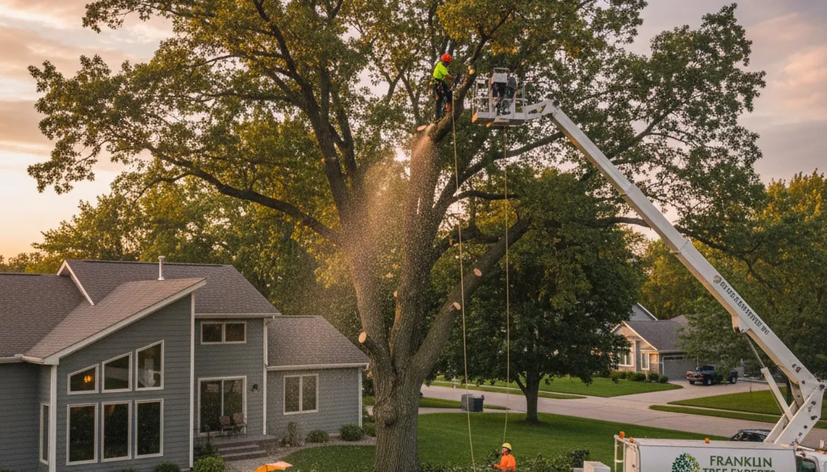 Professional tree removal service in Milwaukee WI safely cutting down large oak tree