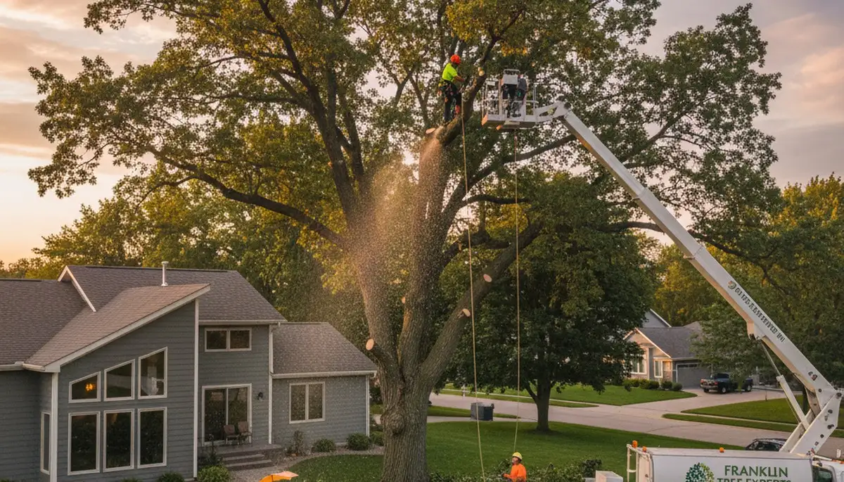 Professional tree removal service in Milwaukee WI safely cutting down large oak tree