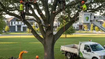 Arborist trimming oak tree in Milwaukee, WI for Chop Chop Tree professional tree care service