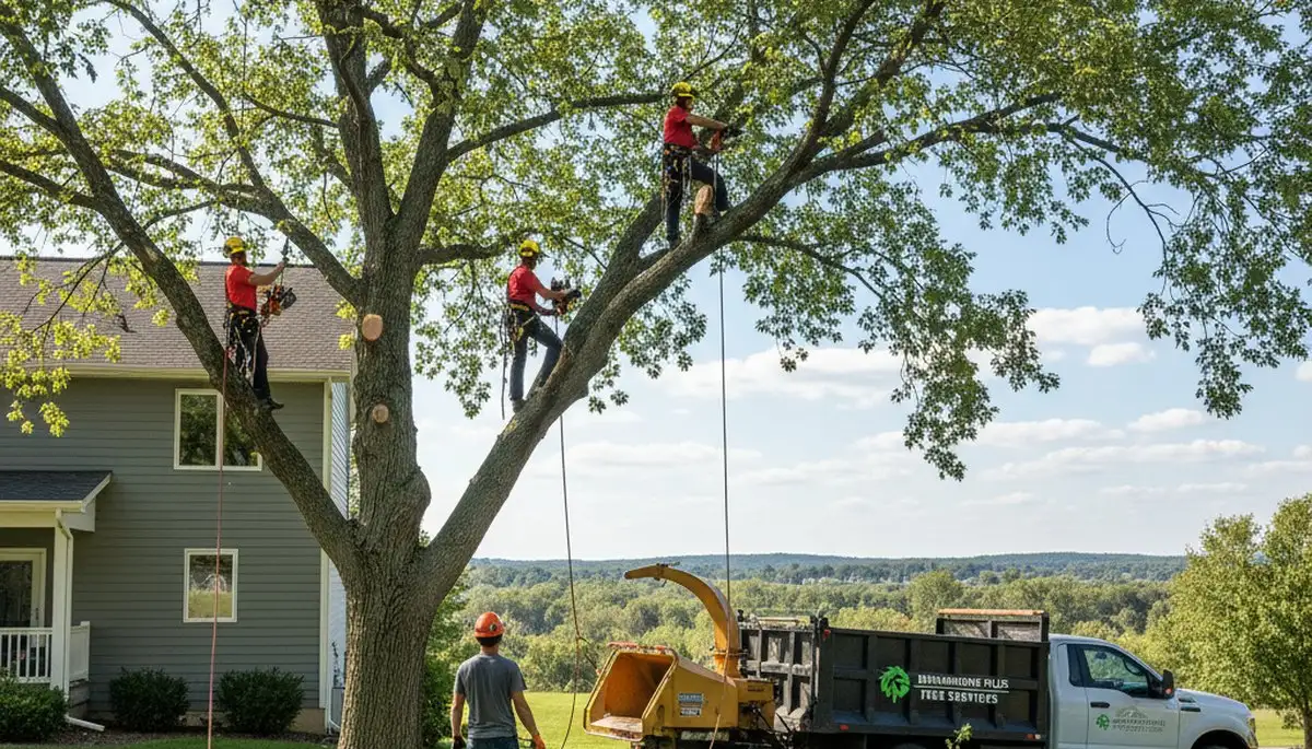 Professional tree removal service in Milwaukee WI safely cutting large oak tree
