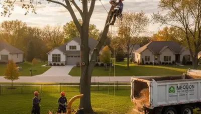 Professional tree removal crew working safely on large oak in Milwaukee, WI