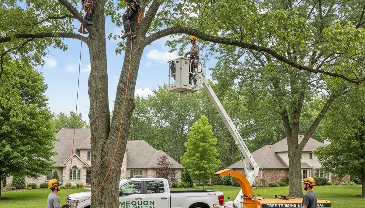 Professional tree removal service in Milwaukee WI safely cutting down large backyard oak tree