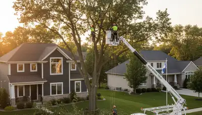 Professional tree removal service in Milwaukee WI safely cutting large oak tree branches