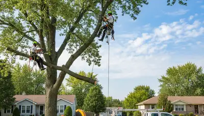 Professional tree removal service in Milwaukee WI safely cutting and clearing large backyard oak tree