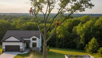 Professional tree removal service crew working safely in Milwaukee, WI residential area