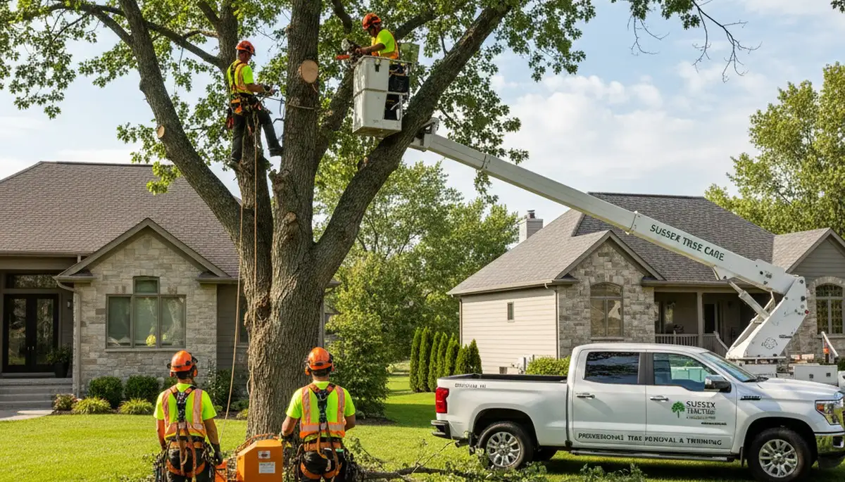 Professional tree removal service in Milwaukee WI safely clearing large backyard oak tree