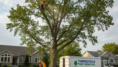 Professional tree removal service in Milwaukee WI safely clearing large oak trees
