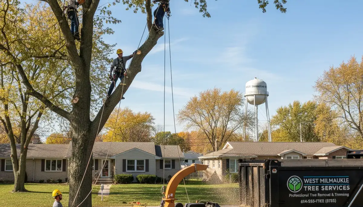 Professional tree removal service in Milwaukee WI safely clearing large oak tree from residential yard